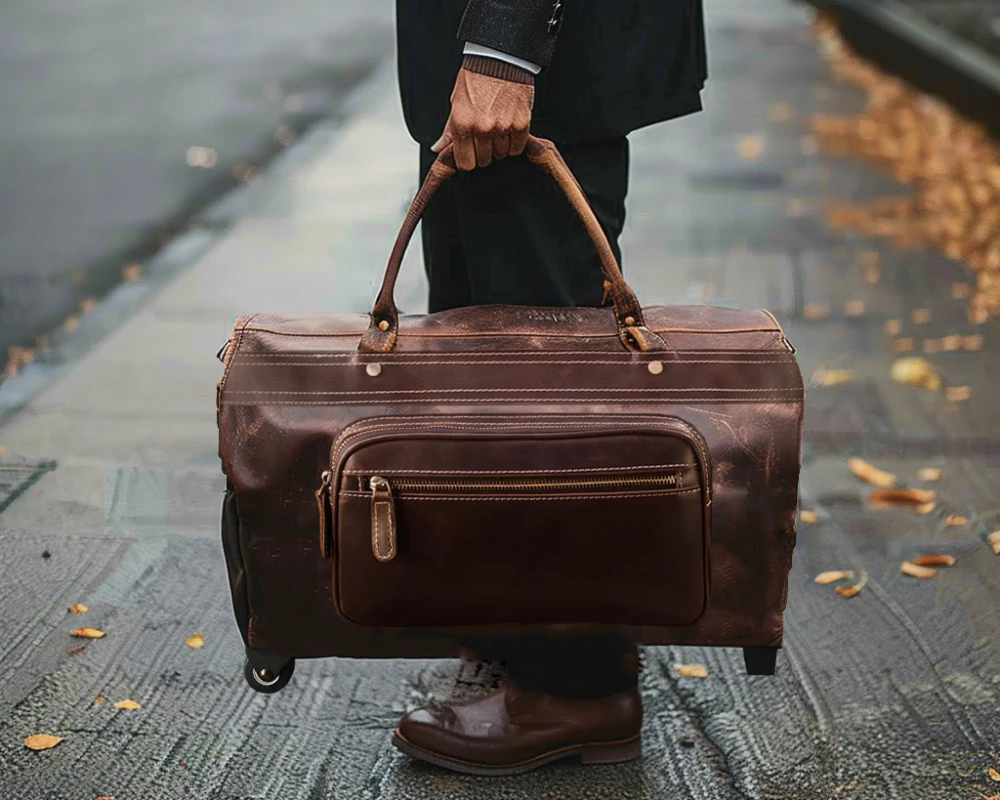 leather luggage trolley bag